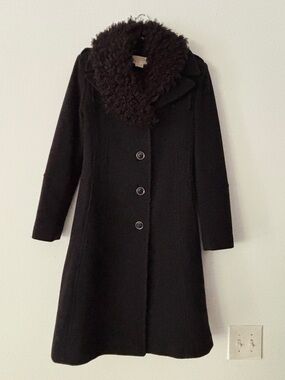 Michael Kors Womens Wool Cashmere Coat Black Faux Fur Collar Fit Flare Size 10